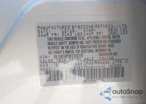 2019 Nissan Sentra Sv z USA, uszkodzony, nr VIN 3N1AB7AP3KY282276